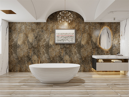 Żółta ściana wewnętrzna 1600x3200mm Sinkrowana płytka kamienna na tle łazienki